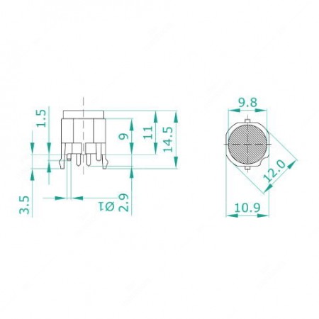Schema tecnico interruttore a pulsante THT (a foro passante) diam. 12mm