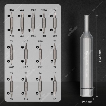 Cacciavite di precisione multifunzione: 13 inserti doppia punta (26 punte) Torx, Phillips, Pentalobe, Tri-wing, con dimensioni 113,5×19,5 mm