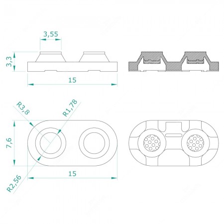 Schema tecnico pulsantino in silicone con doppio contatto in gomma conduttiva - 15x7,6x3,3 mm