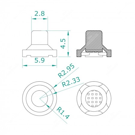 Schema tecnico e dimensioni pulsante rotondo in silicone con contatto in gomma conduttiva