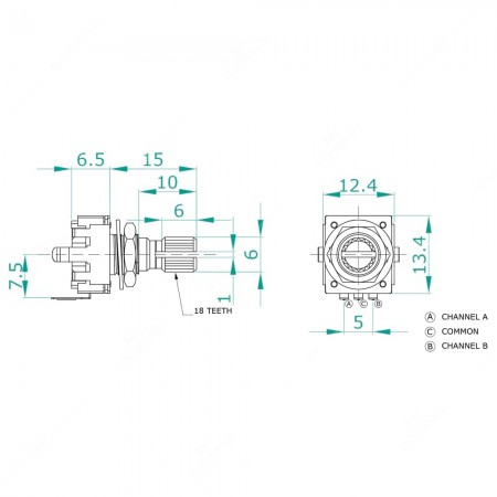 Schema tecnico dell'encoder rotativo meccanico incrementale 24 impulsi al giro senza tasto a pressione
