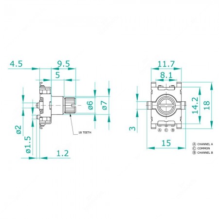 Schema tecnico dell'encoder rotativo meccanico incrementale SEI-ENC012 15 impulsi al giro senza tasto a pressione, 30 fermi