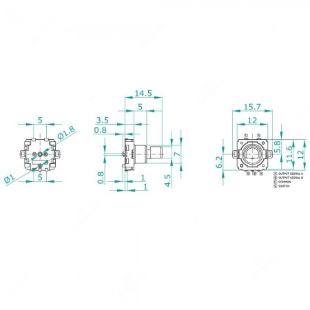 Schema tecnico dell'encoder rotativo meccanico incrementale 16 impulsi al giro con tasto a pressione, 32 fermi