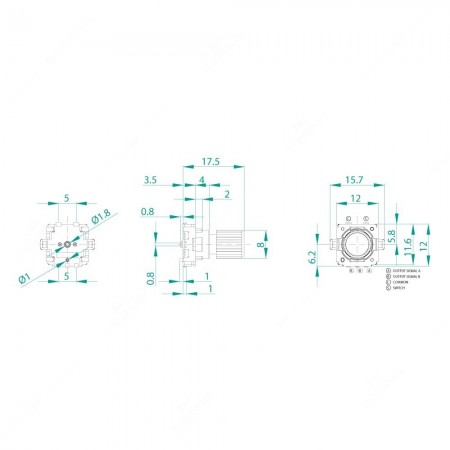 Schema tecnico dell'encoder rotativo meccanico incrementale 16 impulsi al giro con tasto a pressione, 32 fermi 15,7x12x17,5h mm