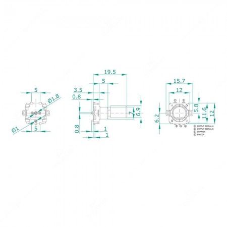 Schema tecnico dell'encoder rotativo meccanico incrementale 16 impulsi al giro con tasto a pressione, 32 fermi 15,7x12x19,5mm