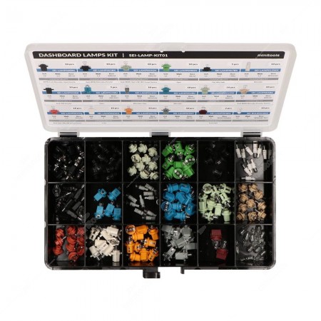 Scatola aperta di lampadine assortite per diversi veicoli con base di diversi colori