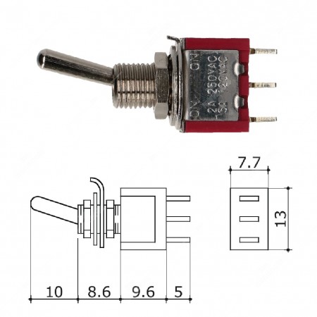Interruttore / Deviatore a levetta SPDT ON-ON con 3 pin (13x7,7mm)