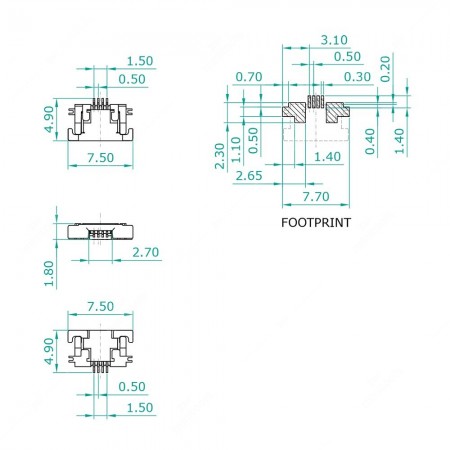 Technical diagram of ZIF connector for FFC / FPC – 4 bottom contacts – 0.50mm pitch