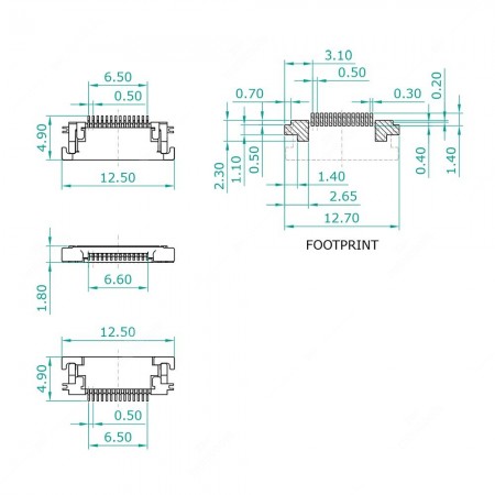 Technical diagram of ZIF connector for FFC / FPC – 14 bottom contacts – 0.50mm pitch