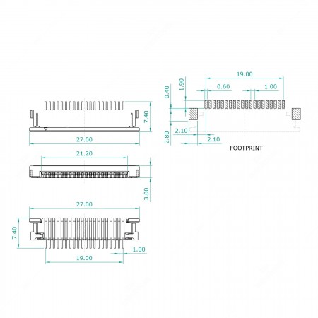 Technical diagram of Zif connector for FPC / FFC - 22 pins - 1mm pitch