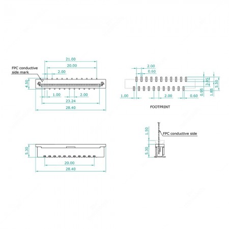 Technical schema of Zif connector for FPC / FFC - 22 pins - 1mm pitch