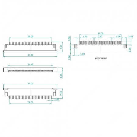 Technical diagram of ZIF connector - FFC / FPC Connector - 30 pins bottom - 1mm pitch