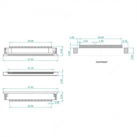 Technical diagram of ZIF connector - FFC / FPC Connector - 30 pins - 1mm pitch