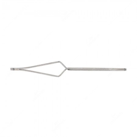 Close-up of MTQ-32 Minitools self-locking tweezers showing rounded tips and handle for PCB repair