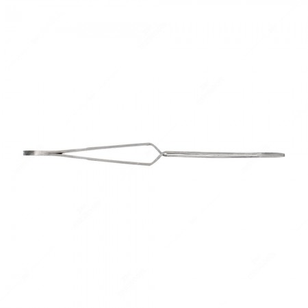 Close-up of MTQ-33 Minitools self-locking tweezers showing curved tips and handle for PCB repair