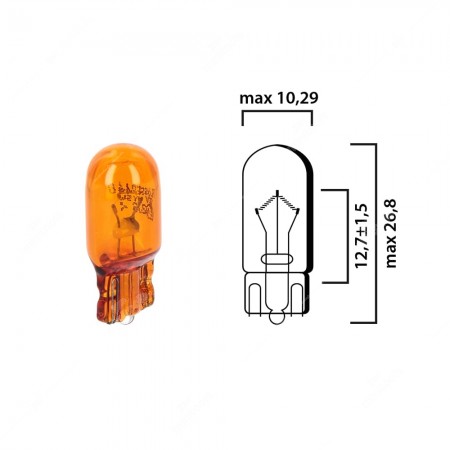 Schema of T10 amber cars interior bulb glass wedge base W2,1x9,5d 12V 5W