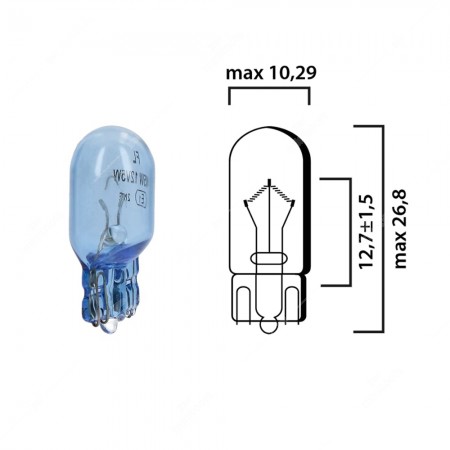 Schema of T10 blue cars interior bulb glass wedge base W2,1x9,5d 12V 5W