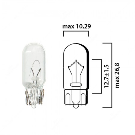 Schema of T10 cars interior bulb glass wedge base W2,1x9,5d 12V 5W