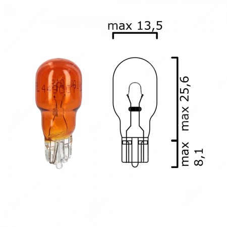 Schema of T13 amber bulb glass wedge base W2,1x9,5d 12V 10W for cars