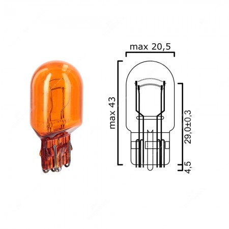 Schema of T20 amber bulb glass wedge base W3x16q 12V 21/5W for cars