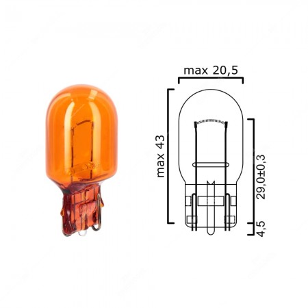 Schema of T20 amber bulb glass wedge base WX3x16d 12V 21W for cars