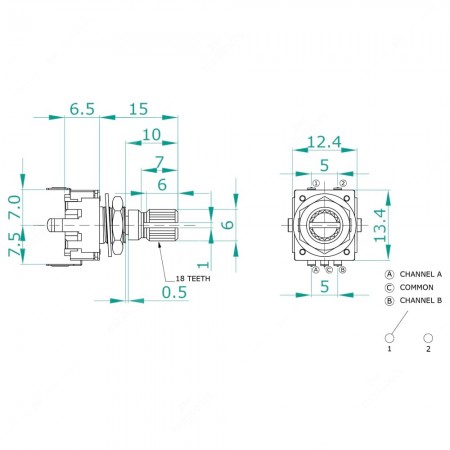 Technical schema of rotary encoder, 24 ppr, with push button, for electronics. Dimensions 12,4x13,4x21,5h mm