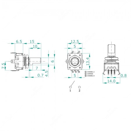 Technical schema of rotary encoder, 12 ppr, with push button, for electronics. Dimensions 12,5x13,4x21,5h mm