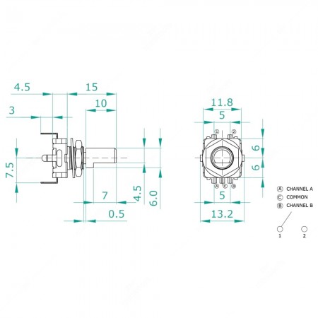Technical schema of rotary encoder, 15 ppr, with push button, for electronics. 0 detents