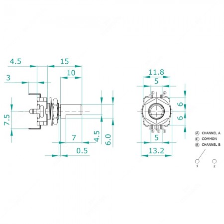 Technical schema of rotary encoder, 15 ppr, with push button, for electronics. 30 detents