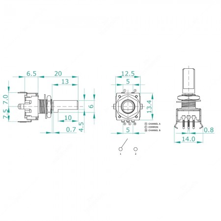 Technical schema of rotary encoder, 12 ppr, 12 detents, with push button, for electronics. Dimensions 12,5x13,4x26,5h mm