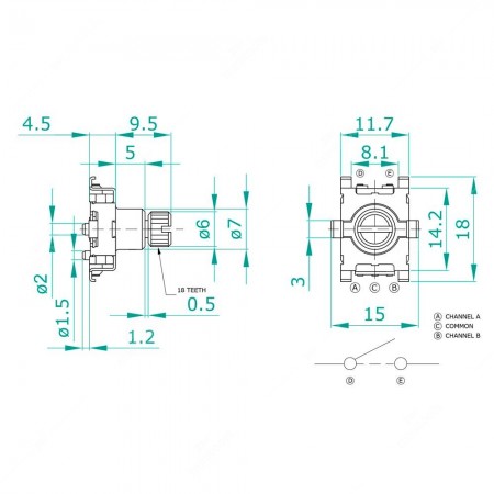 Technical schema of SEI-ENC013 rotary encoder, 15 ppr, 30 detents, with push button, for electronics. Dimensions 15x18x14h mm