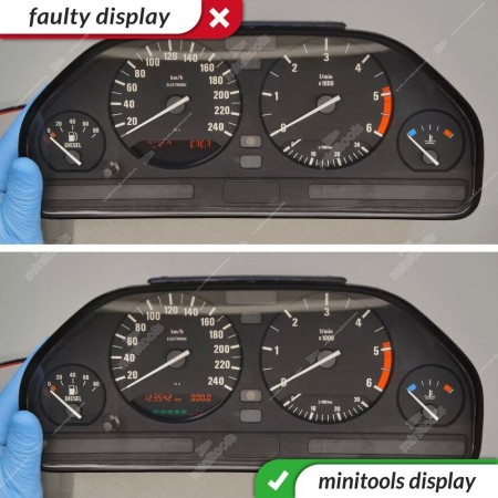 BMW E34 instrument panel repair with Minitools SEPDISP35B display