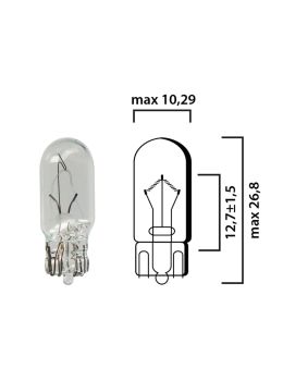 Bulb glass wedge base W2,1x9,5d 12V 3W T10 - Pack of 5 pcs