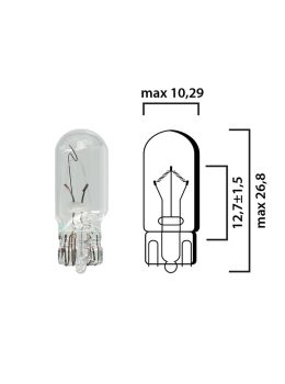 Bulb glass wedge base W2,1x9,5d 12V 2W T10 - Pack of 5 pcs