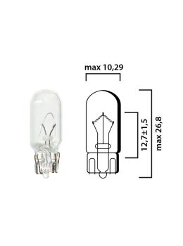 Schema of T10 cars interior bulb glass wedge base W2,1x9,5d 12V 5W
