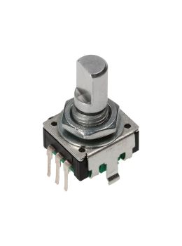 Encoder di ricambio con tasto a pressione per apparecchiature elettroniche. Dimensioni: 12,5x13,4x21,5h mm - 18 ppr