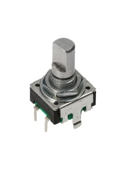 Encoder di ricambio con tasto a pressione per apparecchiature elettroniche. Dimensioni: 12,5x13,4x21,5h mm - 24 ppr - 0 fermi