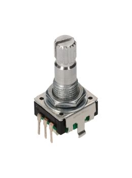 Encoder di ricambio con tasto a pressione per apparecchiature elettroniche. Dimensioni: 12,4x13,4x26,5h mm - 12 ppr - 12 fermi