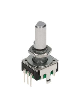 Encoder di ricambio con tasto a pressione per apparecchiature elettroniche. Dimensioni: 12,4x13,4x26,5h mm - 24 ppr - 24 fermi