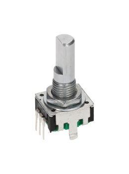 Encoder di ricambio senza tasto a pressione per apparecchiature elettroniche. Dimensioni: 12,4x13,4x26,5h mm - 24 ppr - 24 fermi - albero piatto 20 mm