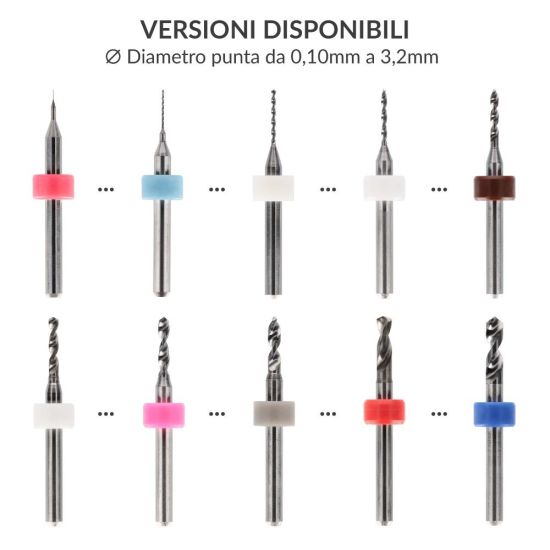 Esempi di micropunte di precisione per PCB, disponibili in 63 diametri (0,1–3,2 mm)