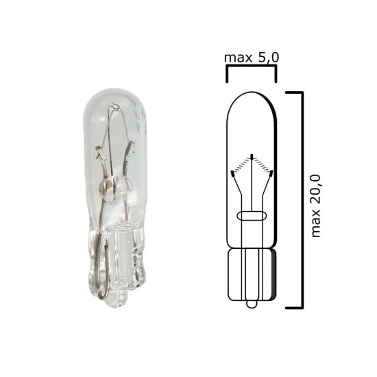 Schema of T5 instrument panel bulb glass wedge base W2x4,6d 12V 2W 