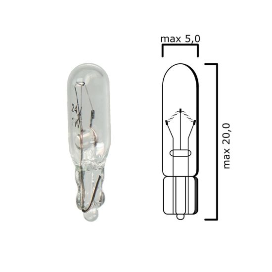 Schema of T5 instrument panel bulb glass wedge base W2x4,6d 24V 1W 