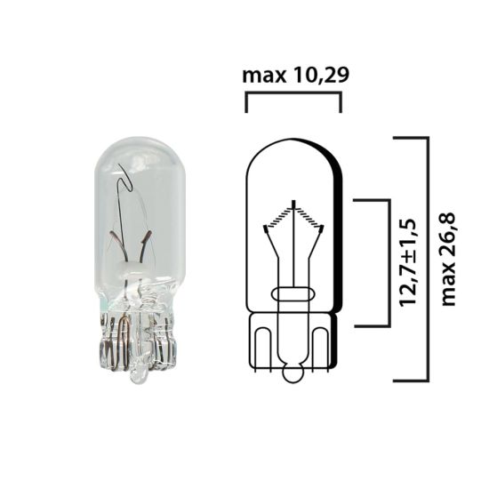 Schema of T10 cars interior bulb glass wedge base W2,1x9,5d 12V 2W 