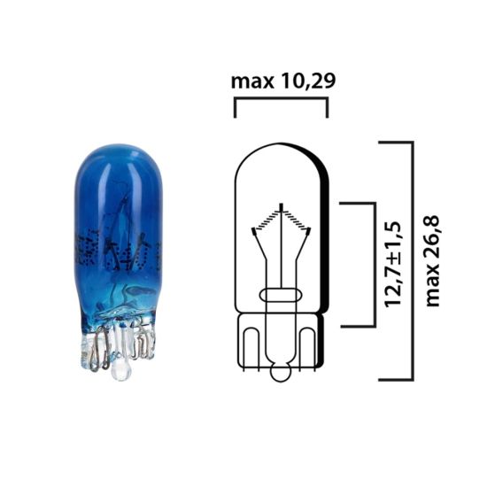 Schema of T10 dark blue trucks interior bulb glass wedge base W2,1x9,5d 24V 5W 