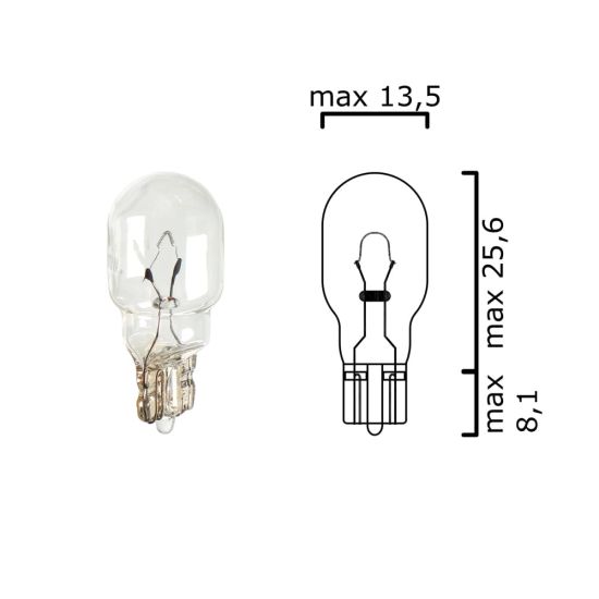 Schema of T13 bulb glass wedge base W2,1x9,5d 6V 10W for cars