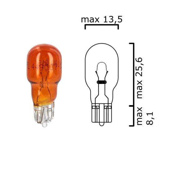 Schema of T13 amber bulb glass wedge base W2,1x9,5d 12V 10W for cars