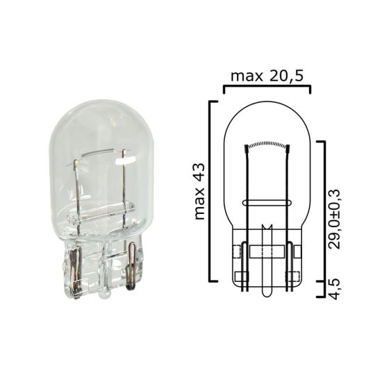 Schema of T20 bulb glass wedge base W3x16d 12V 21W for cars