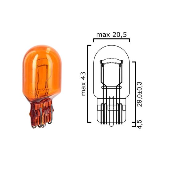 Schema of T20 amber bulb glass wedge base W3x16q 12V 21/5W for cars