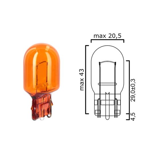 Schema of T20 amber bulb glass wedge base WX3x16d 12V 21W for cars